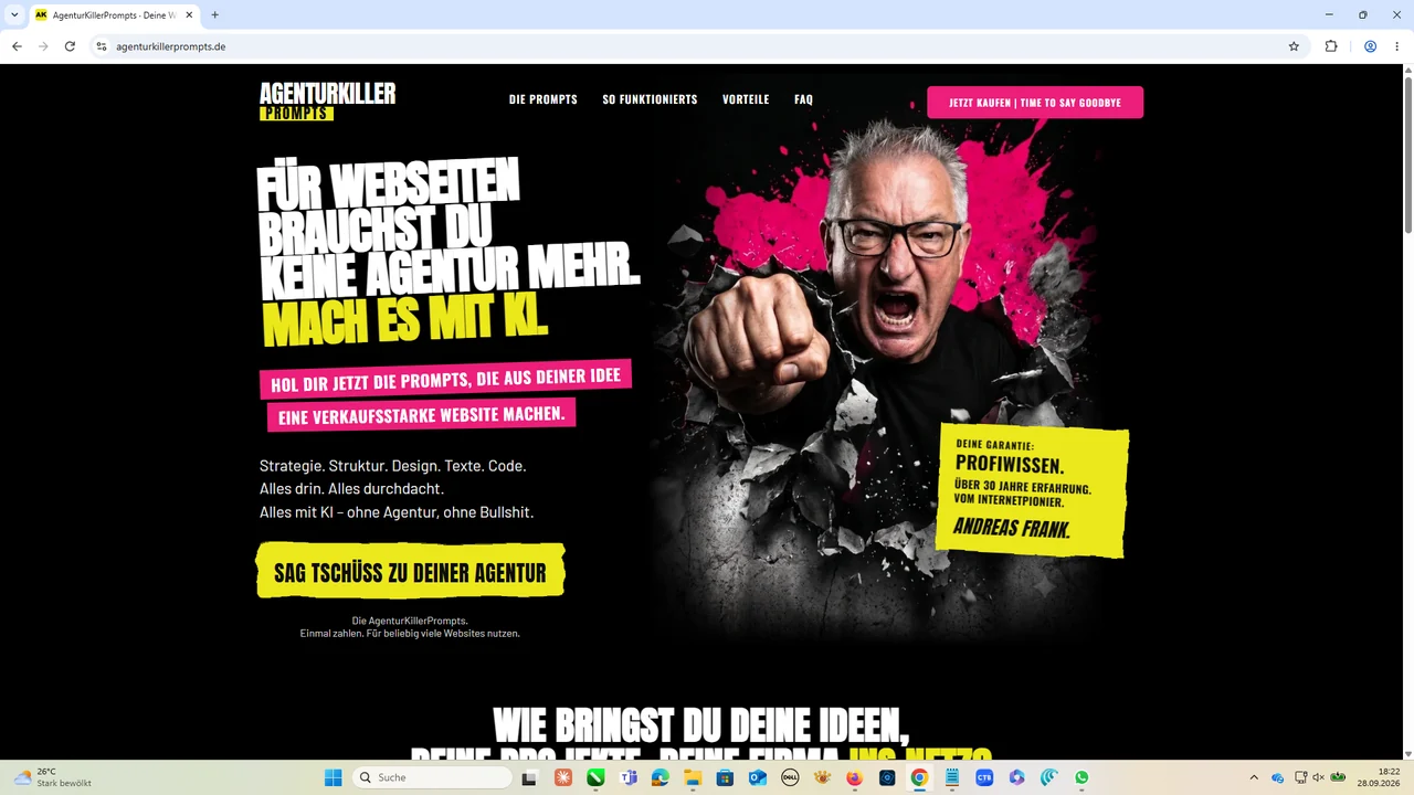 AgenturKillerPrompts.de: die Startseite mit Andreas Frank und dem Slogan Für Webseiten brauchst du keine Agentur mehr. Mach es mit KI.